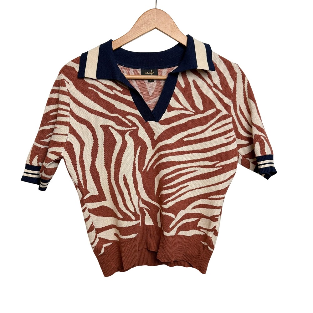 On Twelfth Knit Polo Sweater S Thick Rust Zebra Print Preppy Eclectic Coastal